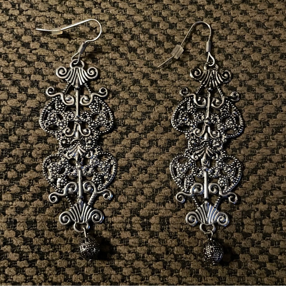 Moroccan Style Drop Earrings, Silver tone, 3” drop